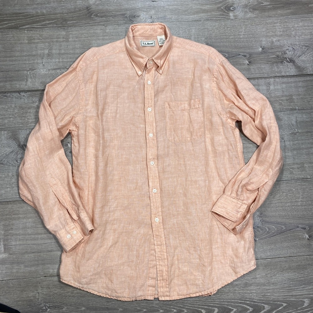 LL Bean Button Down Shirt Mens M‎ Peach 100% Linen Long Sleeve Casual Summer